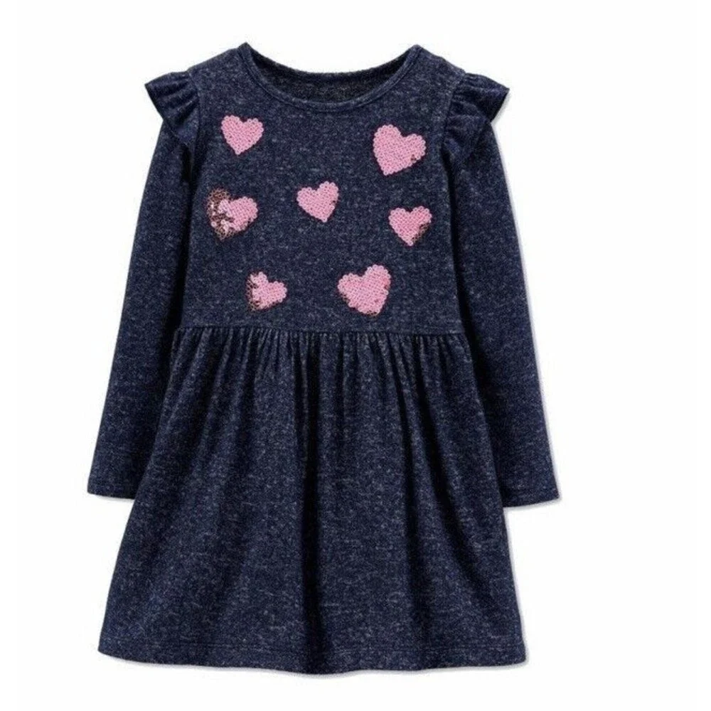 Toddler Girls Sequin Hearts Jersey Dress Lightweight Long Sleeve Blue Pink 2T